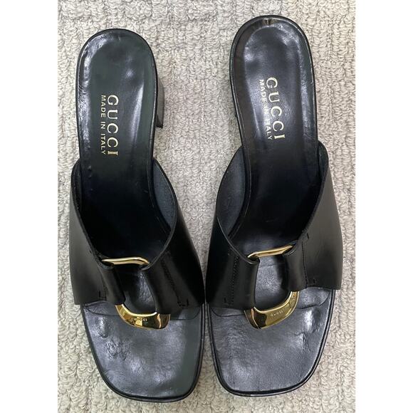 Gucci Black Leather Gold Buckle Slides Mules 9 Box EUC Sandals Shoes COA - Picture 7 of 16